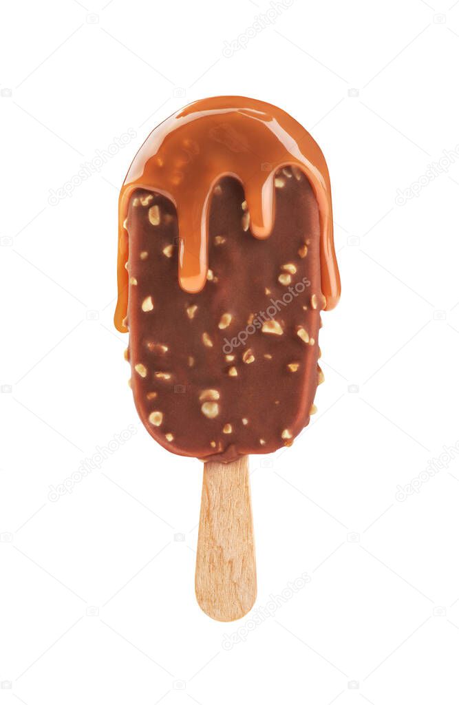 ice cream poured with caramel on a white background