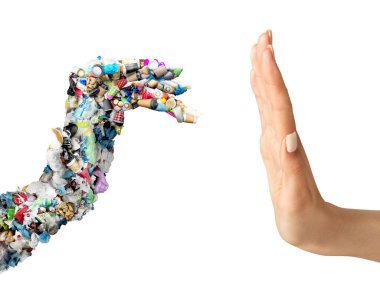 Kirlilik kontrol konsepti. İnsan eli, beyaz arka planda bir el şeklinde çöpü durdurur.