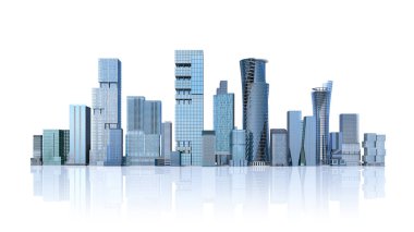 Beyaz arka planda izole edilmiş gökdelenlerin modern şehir silueti. 3d illüstrasyon