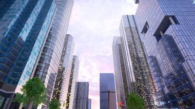 Mavi gökdelenlere karşı modern gökdelenler. 3d illüstrasyon