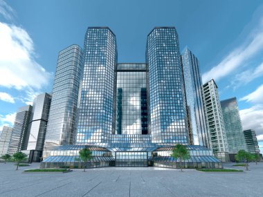 Mavi gökdelenlere karşı modern gökdelenler. 3d illüstrasyon