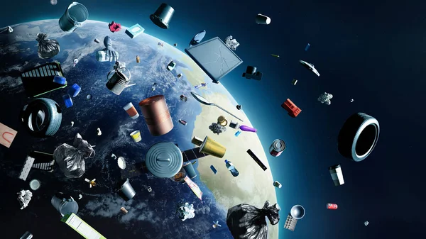 Концепция Глобального Загрязнения Множество Различных Обломков Орбите Земли Видом Космоса — стоковое фото