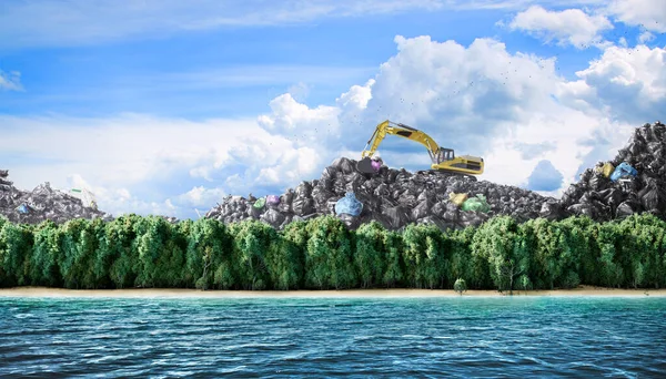 Concept of pollution. Sea against the background of garbage mountains.