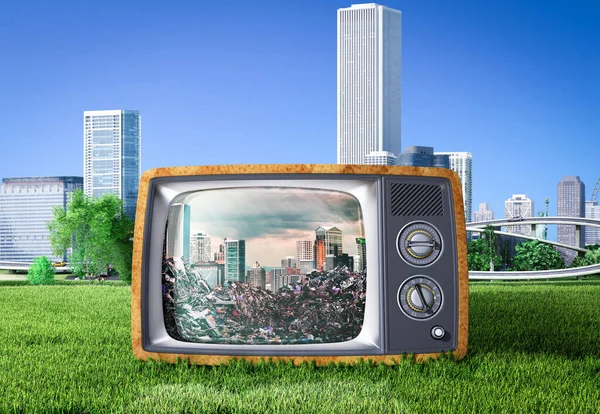 Pollution Concept City Littered Garbage Screen Old Background Clean City — Stock Photo, Image