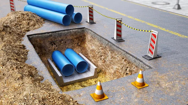 Concept of road works, blue pvc pipes in the digged pit among the road, soil mound, stack of new pipes, road signs, cones and barriers are around it, 3d illustration