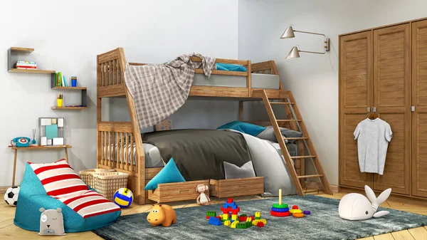 儿童房 有双层床 舒适的地毯 豆袋椅和很多玩具 3D插图 — 图库照片