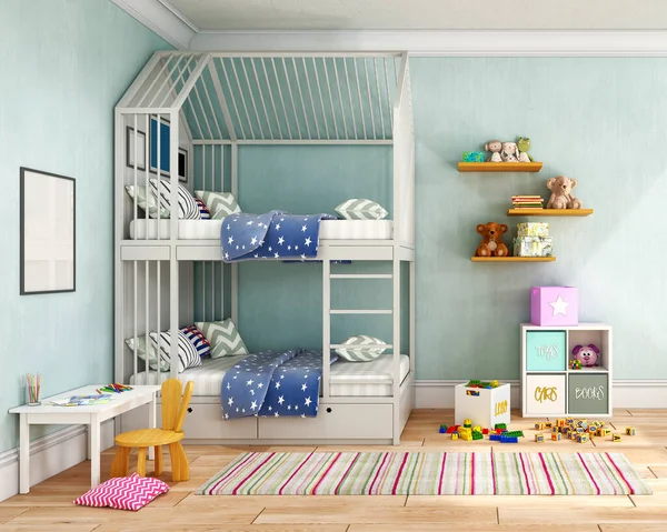 Sunny Παιδικό Δωμάτιο Λευκό Κρεβάτι Κουκέτα Και Πολλά Παιχνίδια Καλάθια — Φωτογραφία Αρχείου