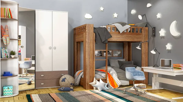 Habitación Para Niños Con Litera Madera Armario Grande Muchos Juguetes —  Fotos de Stock