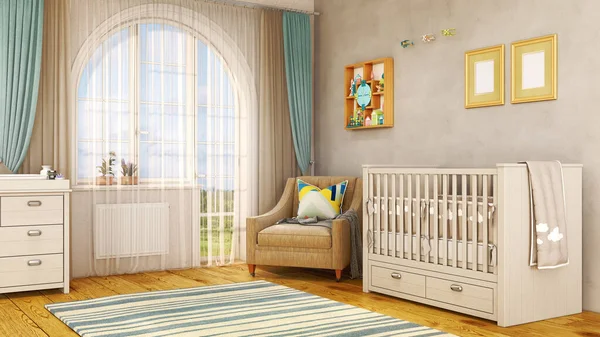 Homely Spacious Children Room Large Window White Cradle Changing Table — Stock Photo, Image