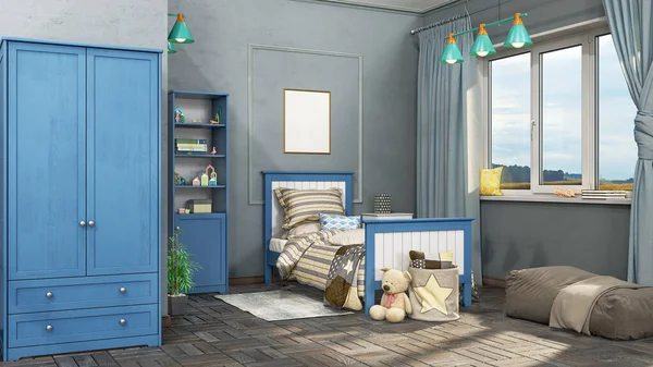 现代男孩的房间里有蓝色 灰色和白色的色调 有木床 架子和舒适柔软的椅子 3D插图 — 图库照片