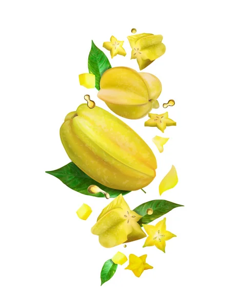 Exotische Carambola Fruit Met Groene Bladeren Vectorillustratie — Stockvector