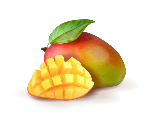 Reife Ganze Und Scheiben Geschnittene Mango Vektorillustration — Stockvektor