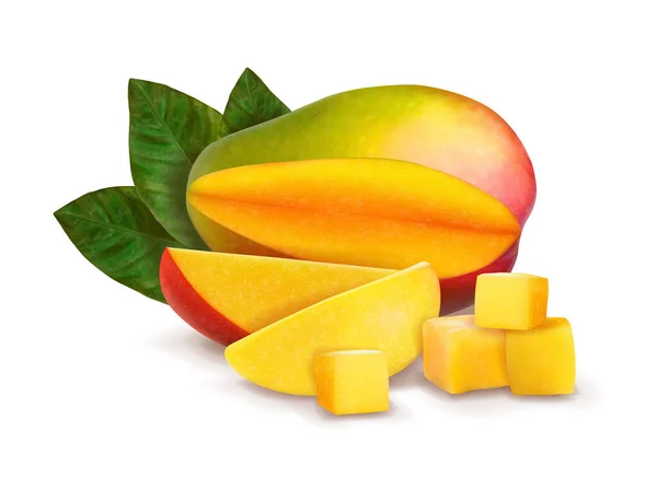 Reife Ganze Und Scheiben Geschnittene Mango Vektorillustration — Stockvektor