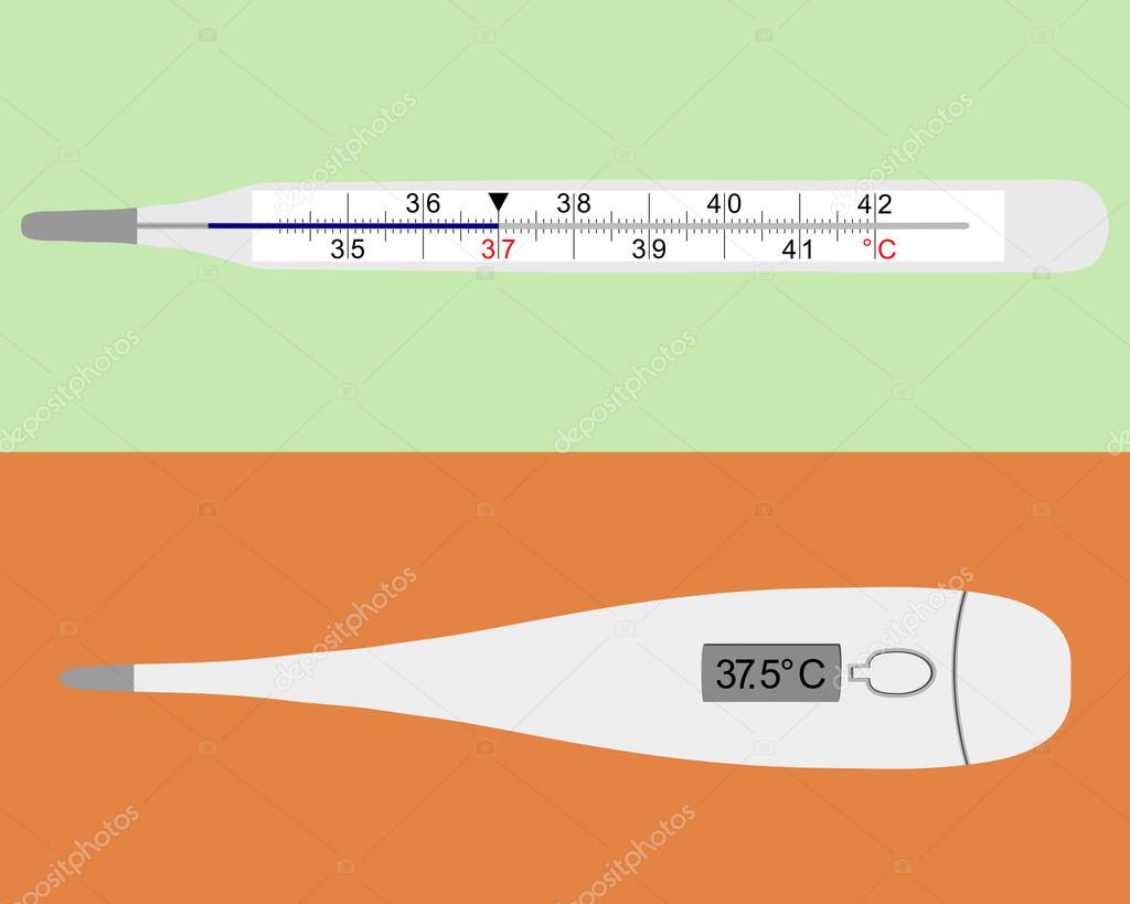 Illustration of analog and digital clinical thermometers on gray