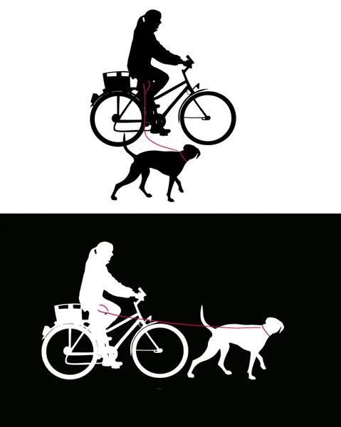 ひもにつないで犬と自転車の女性 — ストックベクタ