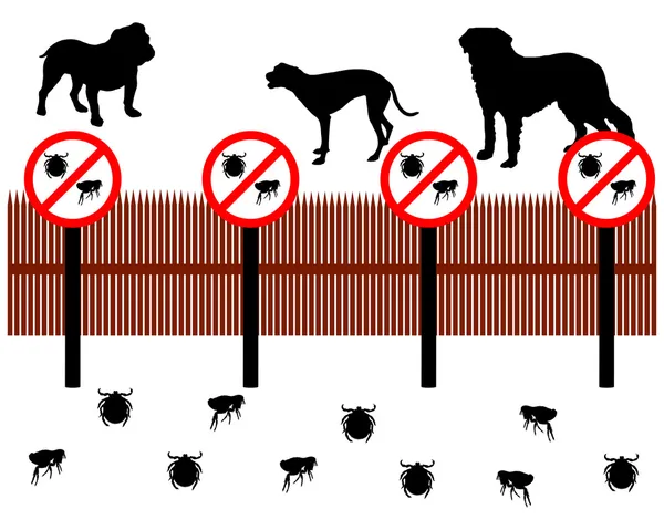 Cães atrás de uma cerca para proteger contra carrapatos e pulgas —  Vetores de Stock