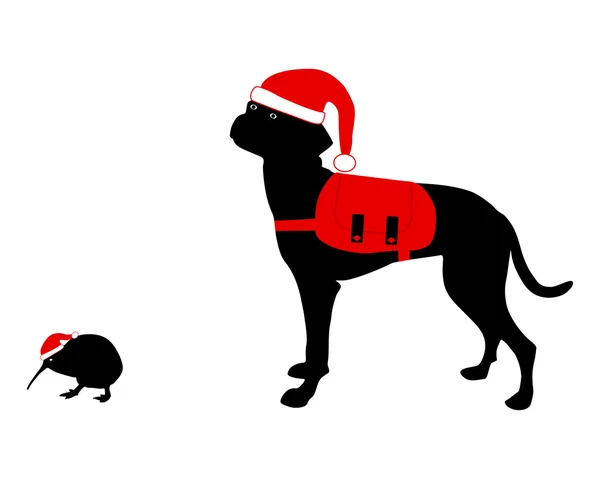 Dog and kiwi in christmas clothes — Stock Vector