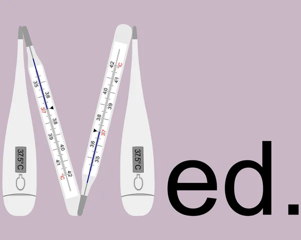 Analog and digital clinical thermometers as letter M — Stock Vector