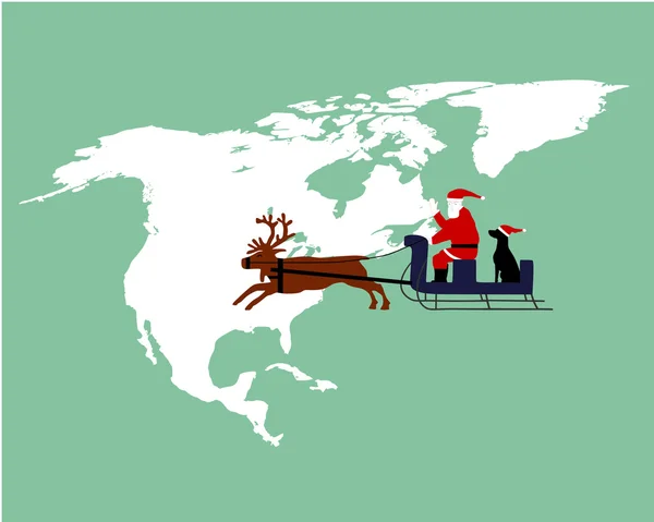 Santa Claus and dog riding on their reindeer sleigh high above northamerica — Stock Vector