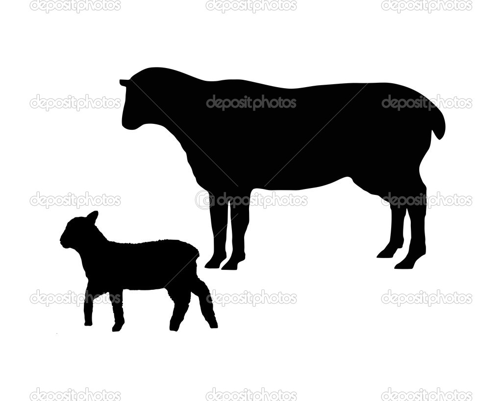 The black silhouettes of a sheep and a lamb on white