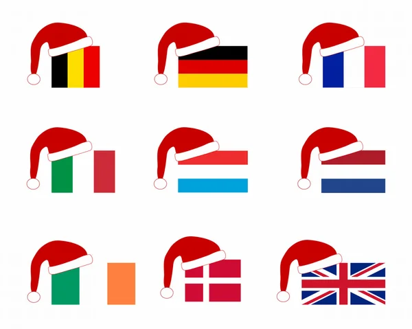 Vlag van negen landen met de Kerstman pet — Stockvector