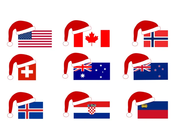 Flaga dziewięciu krajów z czapką Świętego Mikołaja — Wektor stockowy