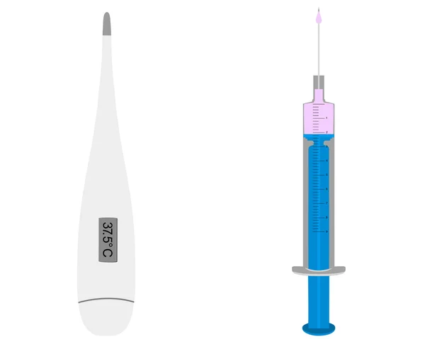 Illustration of clinical thermometer and injection on white — Stock Vector