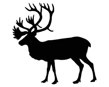 The black silhouette of a caribou on white clipart