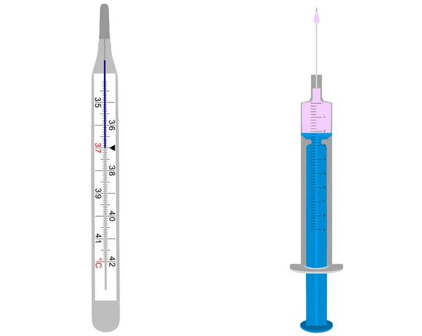 Ilustração do termômetro clínico e injeção em branco —  Vetores de Stock