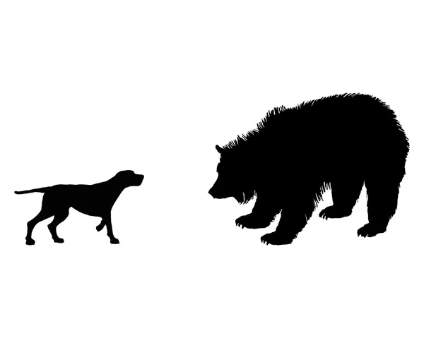 Dois animais, cão de caça e urso pardo encontram-se cara a cara — Vetor de Stock