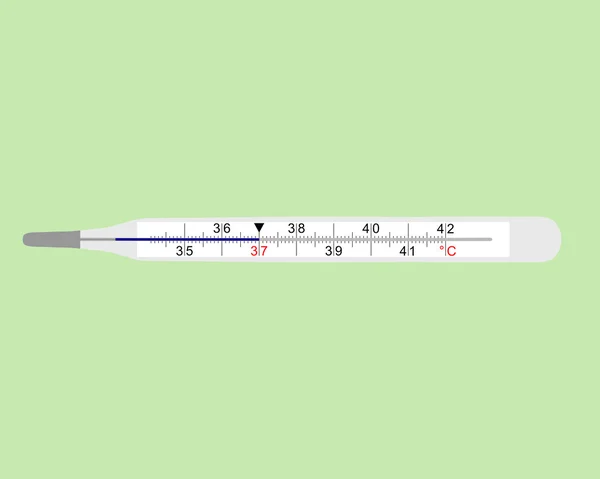 Analog clinical thermometer on green background — Stock Vector