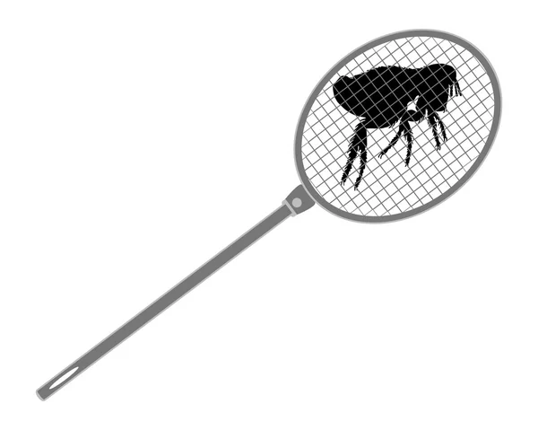 The illustration of a gray fly swatter above a flea — Stock Vector