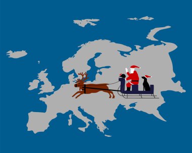 Santa claus, perro, kiwi en su trineo de renos muy por encima del continente europeo