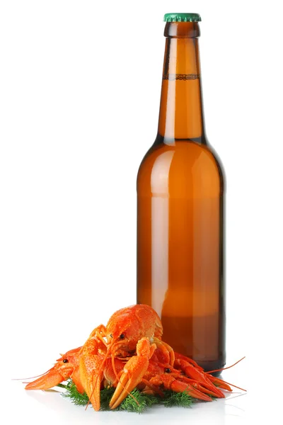 Bottle of light beer and heap of lobsters isolated — Stock Photo, Image