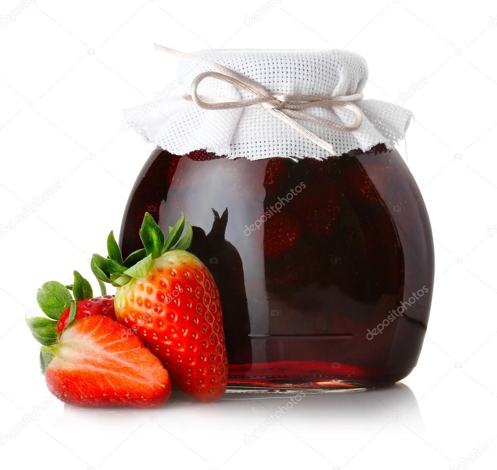 Strawberry jam with ripe strawberries isolated on white