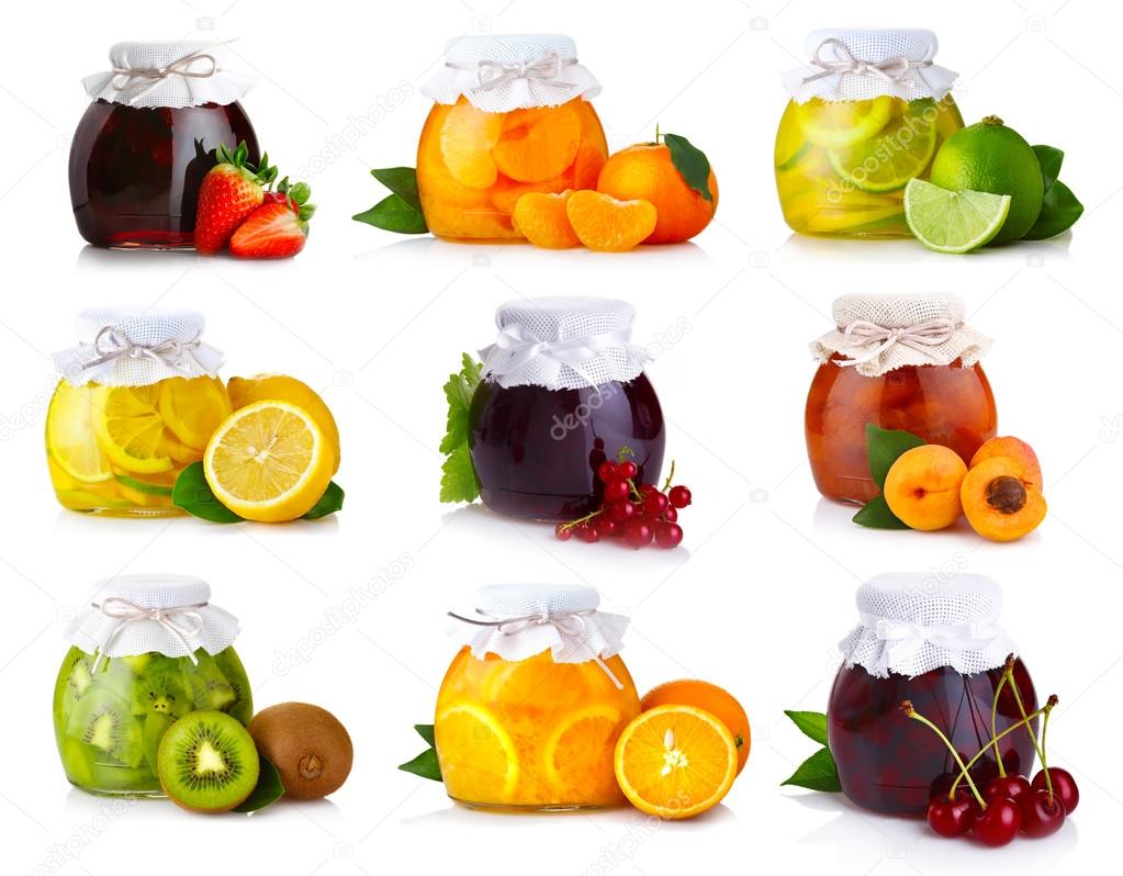 Set of glass jars with exotic fruits jam isolated