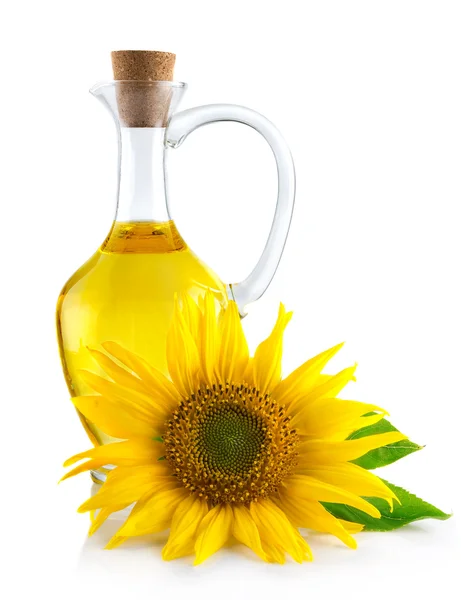 Jug with sunflower oil isolated on white — Stock Photo, Image