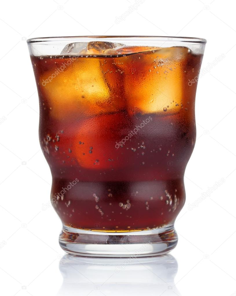 Glass of cola with ice cubes isolated on white