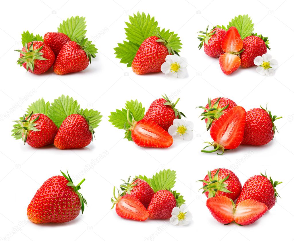 Set of ripe strawberries with leaves and blossom isolated