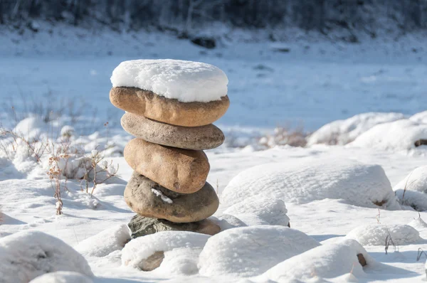 kar altında kış sahilde dengesini taşlar
