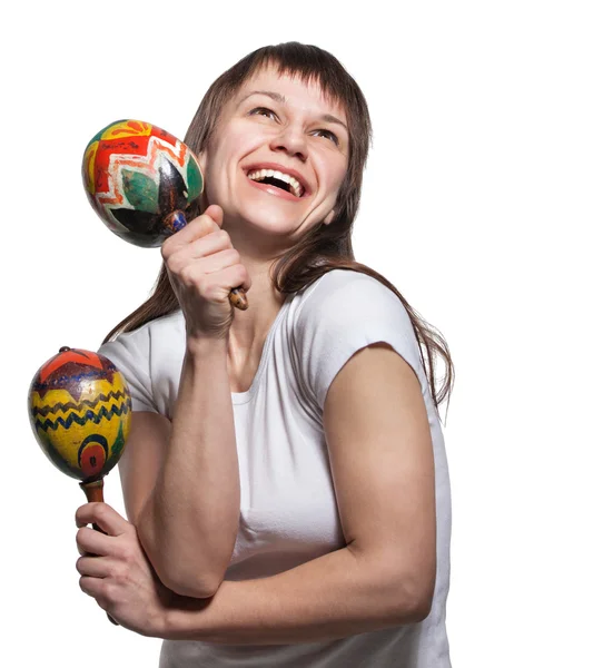 Šťastné usmívající se žena s maracas — Stock fotografie
