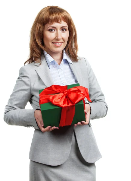 Glad affärskvinna med julklapp — Stockfoto