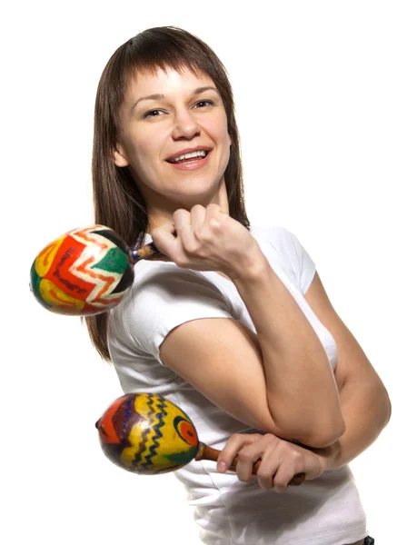 Happy smiling woman with maracas — Stock Photo, Image