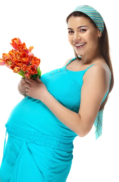 Šťastná mladá těhotná žena v modrém — Stock fotografie