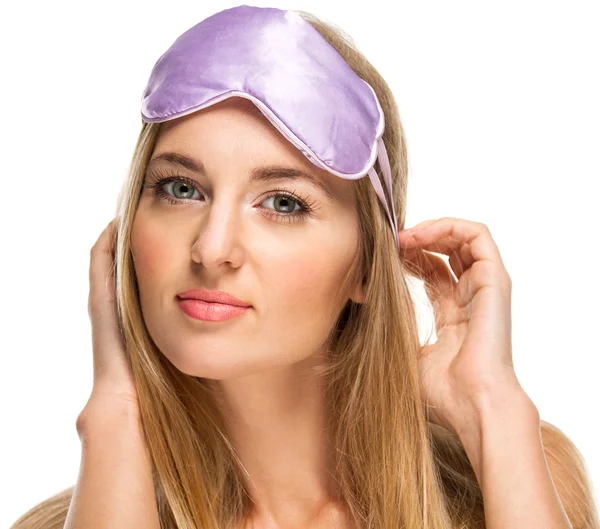 Portrait of a woman wearing a sleeping mask — Stock Photo, Image