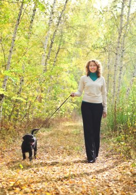 Siyah labrador retriever köpek yavrusu ile yürüyen genç bir kadın