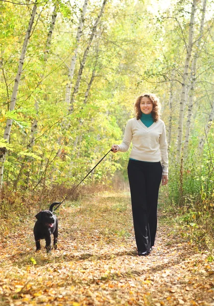 Jonge vrouw lopen met zwarte labrador retriever pup — Stockfoto