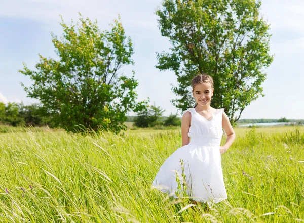 微笑着黑发的小女孩在草地上 — 图库照片