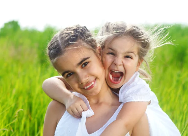 Smiling happy little girls on meadow — Stock Photo, Image