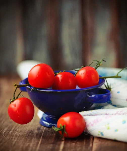 Orosený červená rajčata v blue bowl — Stock fotografie